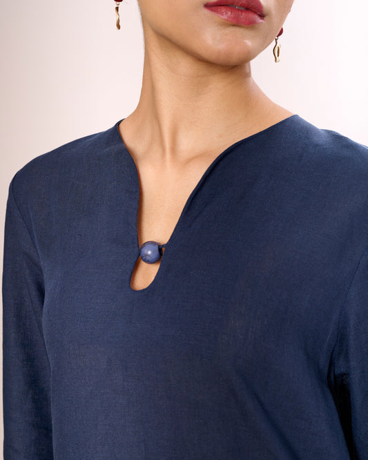 Navy Column Long Linen Dress