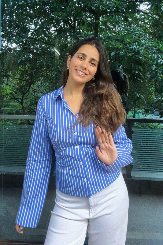 Bold Blue Striped Skim Shirt – Women’s Cotton Poplin Shirt with Tie-Back Detail