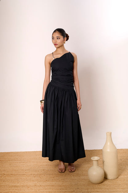 Black One-Shoulder Gathered Poplin Dress