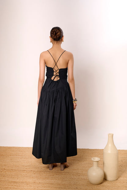 Black One-Shoulder Gathered Poplin Dress