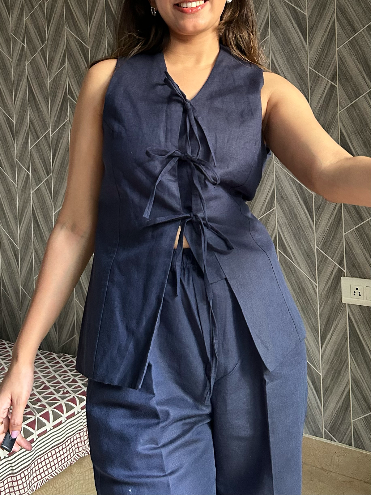 Navy Blue Linen Tie Up Vest