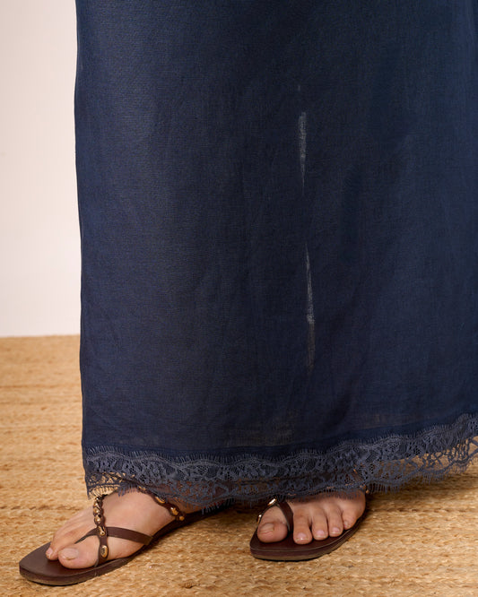 Navy Linen Straight Skirt