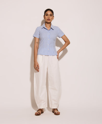 Blue Gingham Half Sleeves Fitted Shirt – Cotton Seersucker Shirt with Tie-Back Detail