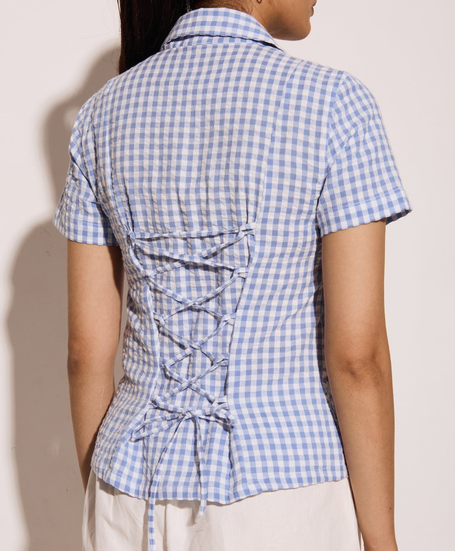 Blue Gingham Half Sleeves Fitted Shirt – Cotton Seersucker Shirt with Tie-Back Detail