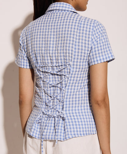 Blue Gingham Half Sleeves Fitted Shirt – Cotton Seersucker Shirt with Tie-Back Detail