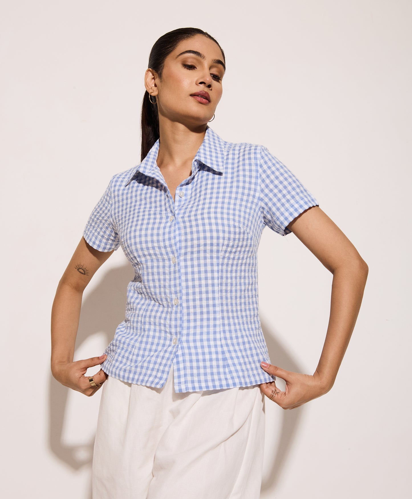 Blue Gingham Half Sleeves Fitted Shirt – Cotton Seersucker Shirt with Tie-Back Detail