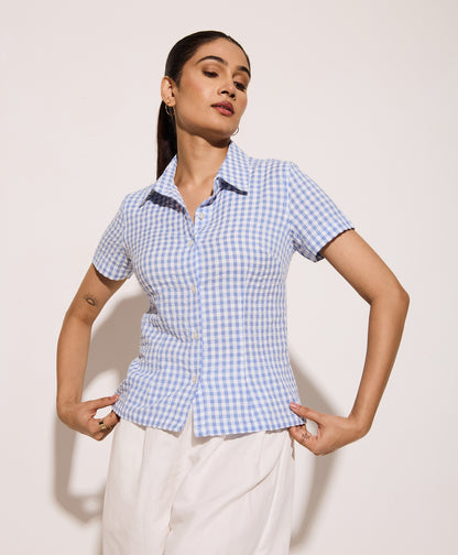Blue Gingham Half Sleeves Fitted Shirt – Cotton Seersucker Shirt with Tie-Back Detail