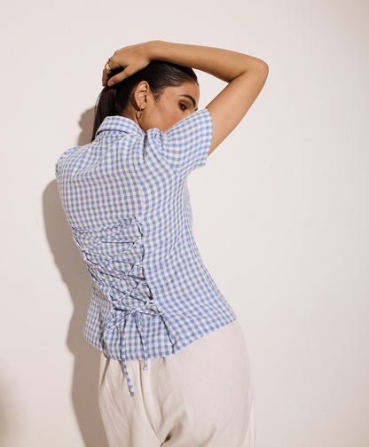 Blue Gingham Half Sleeves Fitted Shirt – Cotton Seersucker Shirt with Tie-Back Detail