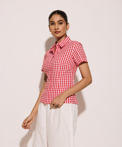 Red Gingham Half Sleeves Fitted Shirt – Cotton Seersucker Shirt with Tie-Back Detail