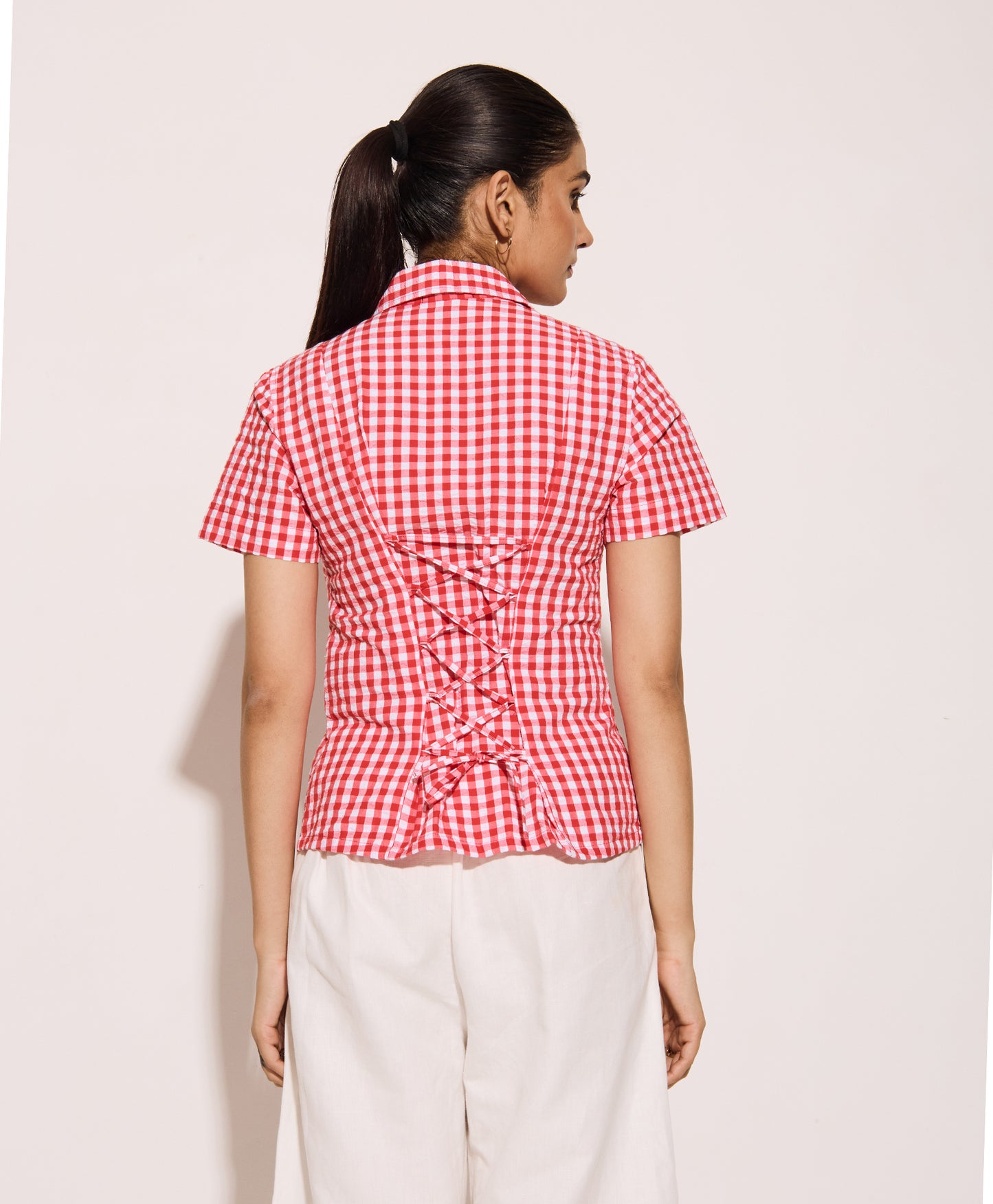 Red Gingham Half Sleeves Fitted Shirt – Cotton Seersucker Shirt with Tie-Back Detail
