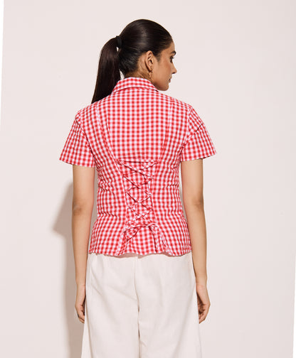 Red Gingham Half Sleeves Fitted Shirt – Cotton Seersucker Shirt with Tie-Back Detail