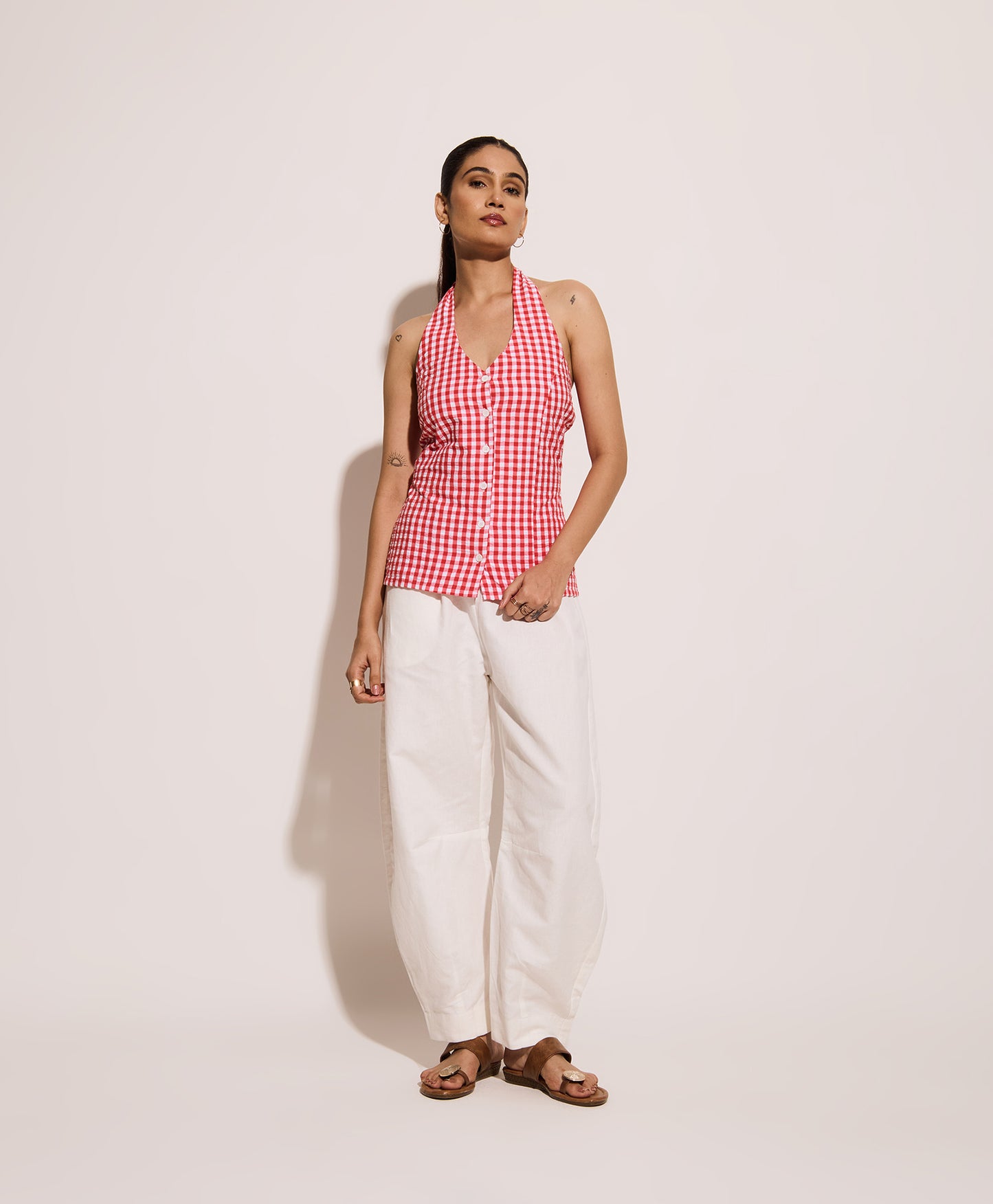 Red Gingham Halter Neck Fitted Shirt – Cotton Seersucker Shirt with Tie-Back Detail