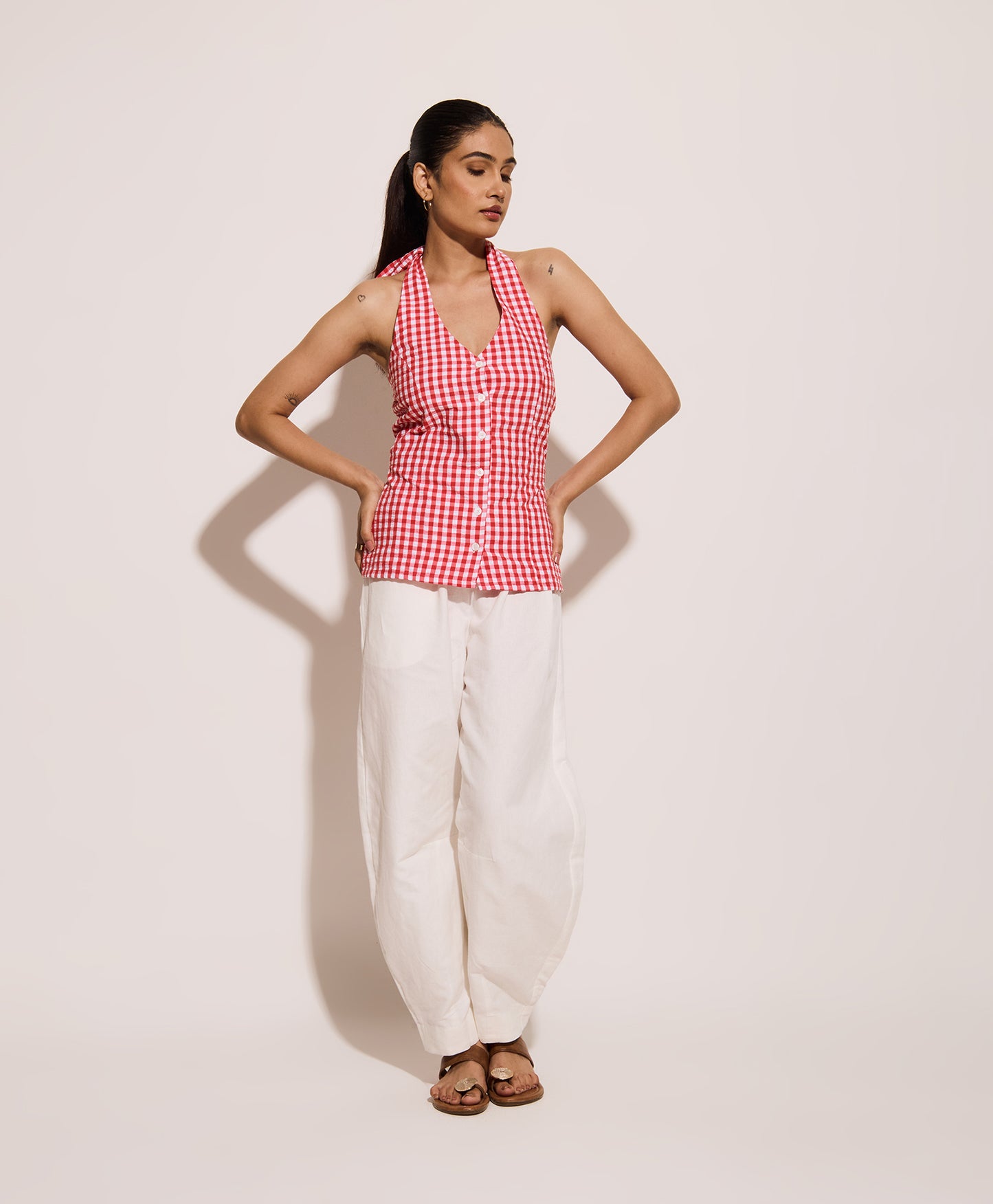 Red Gingham Halter Neck Fitted Shirt – Cotton Seersucker Shirt with Tie-Back Detail