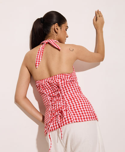 Red Gingham Halter Neck Fitted Shirt – Cotton Seersucker Shirt with Tie-Back Detail