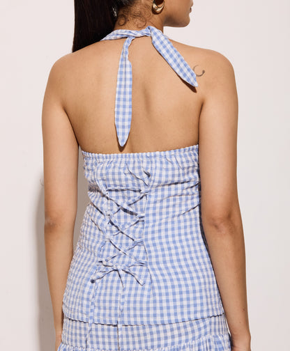 Blue Gingham Halter Neck Fitted Shirt – Cotton Seersucker Shirt with Tie-Back Detail