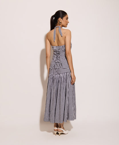 Black Gingham Halter Neck Fitted Shirt – Cotton Seersucker Shirt with Tie-Back Detail