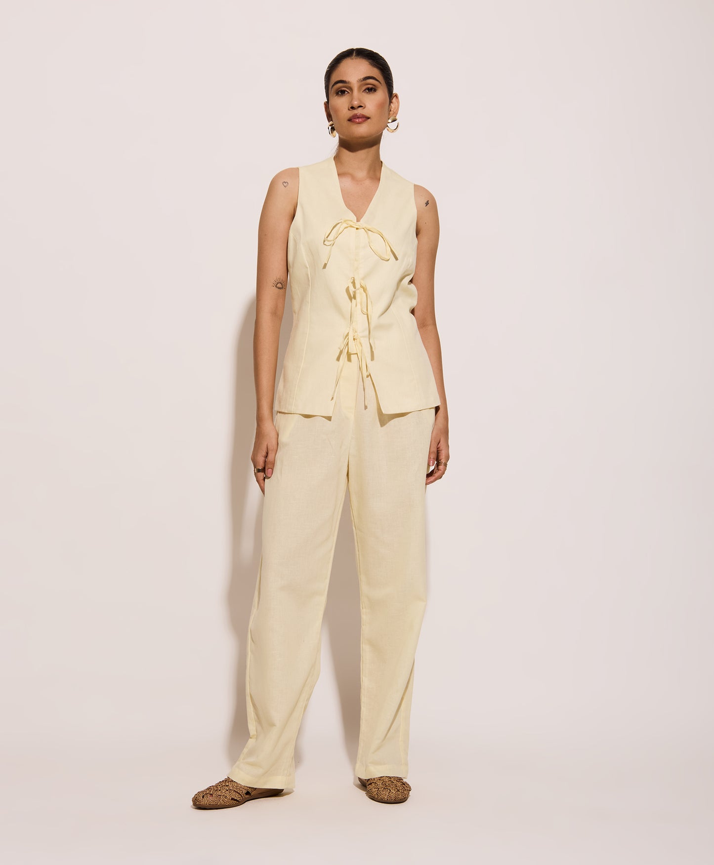 Butter Yellow Linen Tie Up Vest and Pants Set