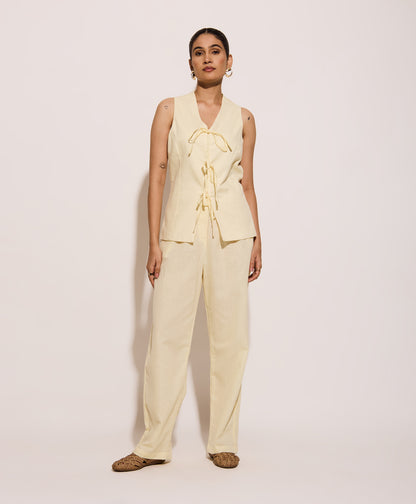 Butter Yellow Linen Tie Up Vest and Pants Set