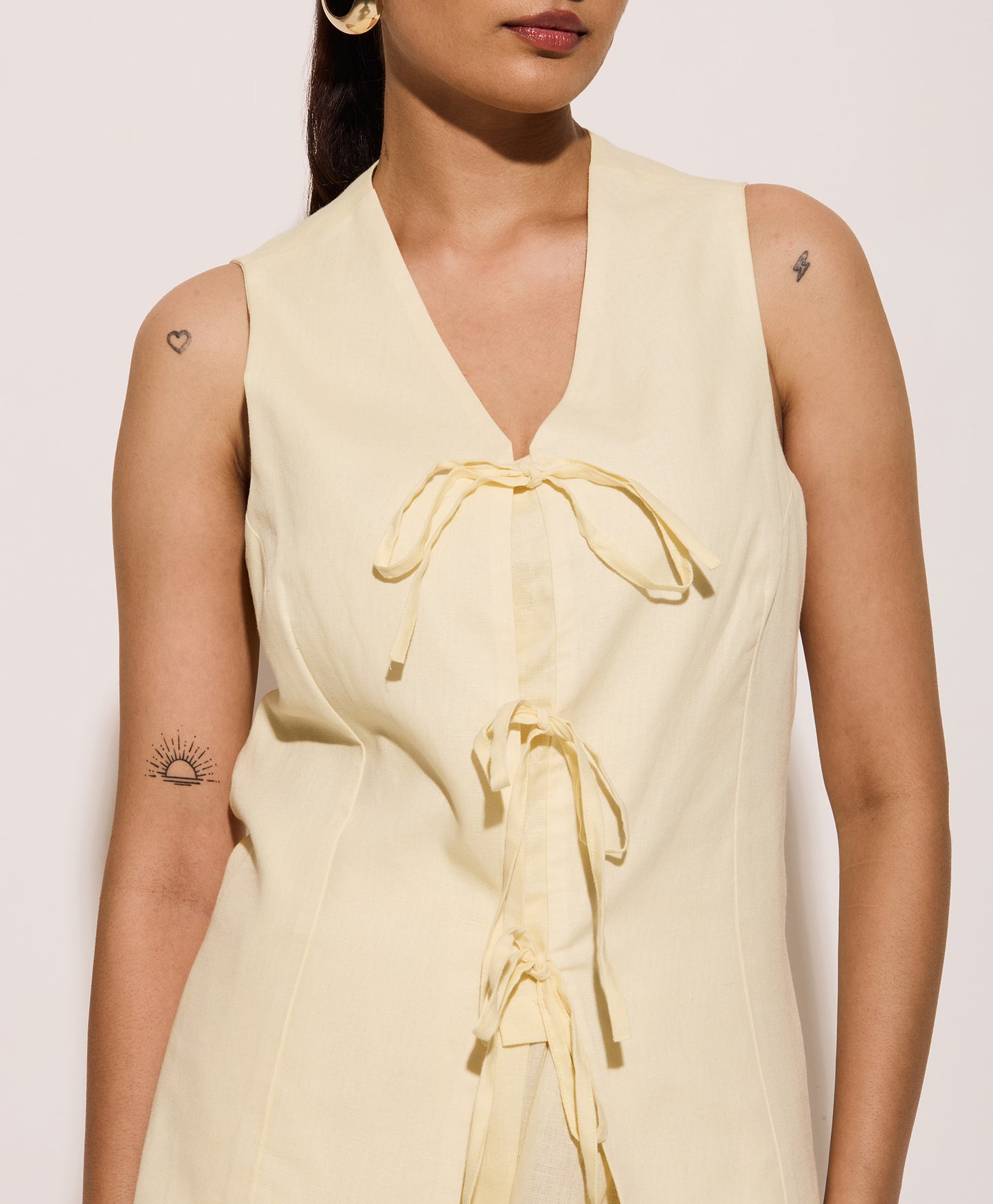 Butter Yellow Linen Tie Up Vest and Pants Set