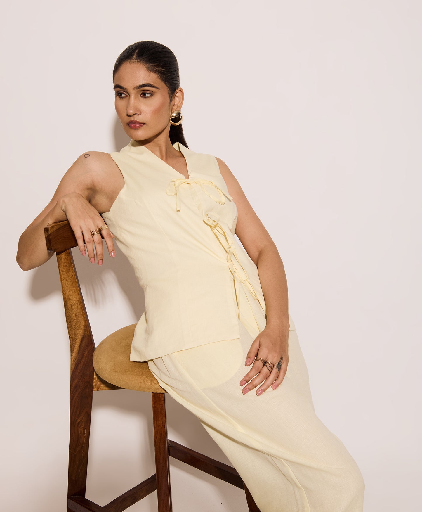 Butter Yellow Linen Tie Up Vest and Pants Set