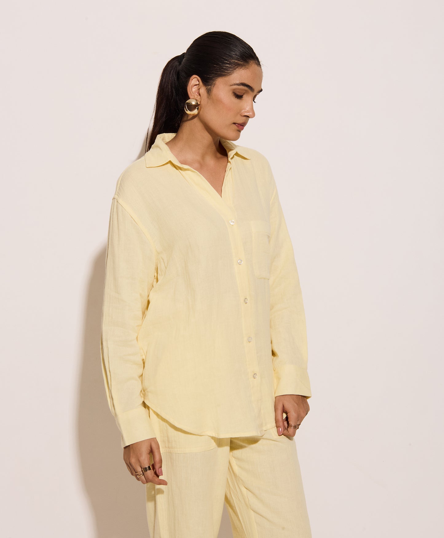 Butter Yellow Cotton Gauged Shirt