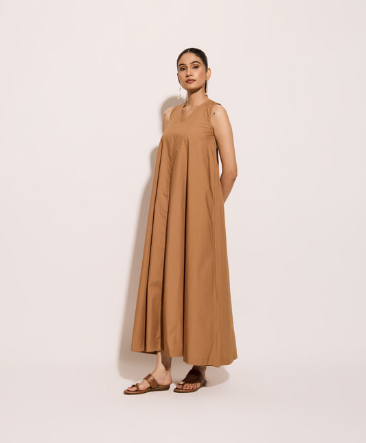 Beige Cotton Poplin Long Swing Dress