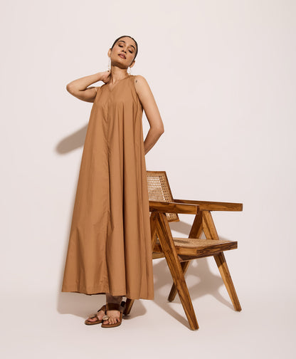 Beige Cotton Poplin Long Swing Dress