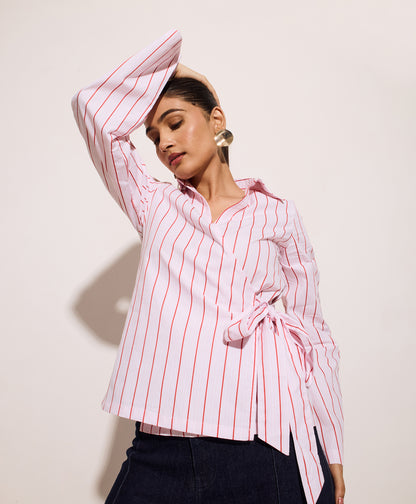 Pin Red Striped Wrap Shirt