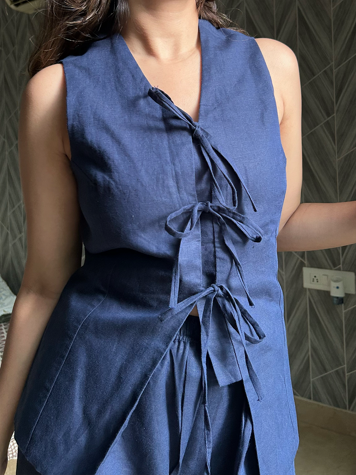 Navy Blue Linen Tie Up Vest
