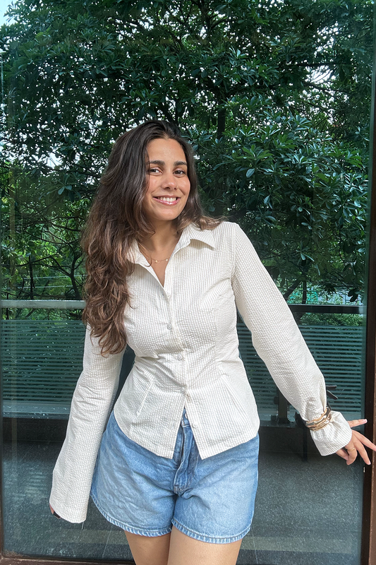 Beige Striped Skim Shirt – Women’s Cotton Seersucker Shirt with Tie-Back Detail