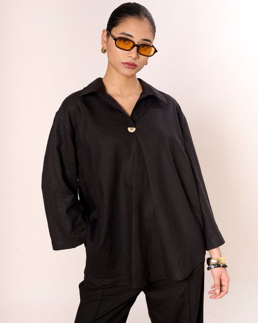 Black Oversized Linen Pullover Shirt