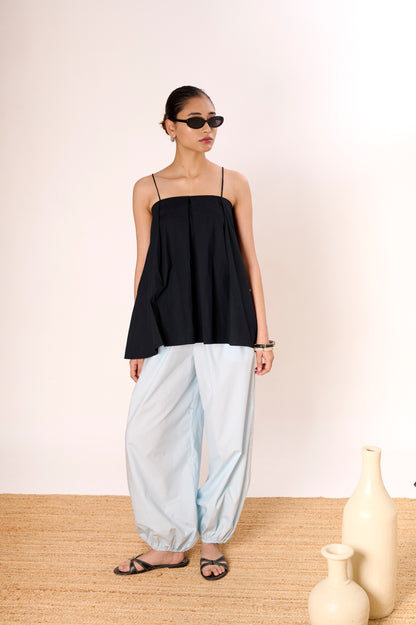 Black Little Bow Pleated Top