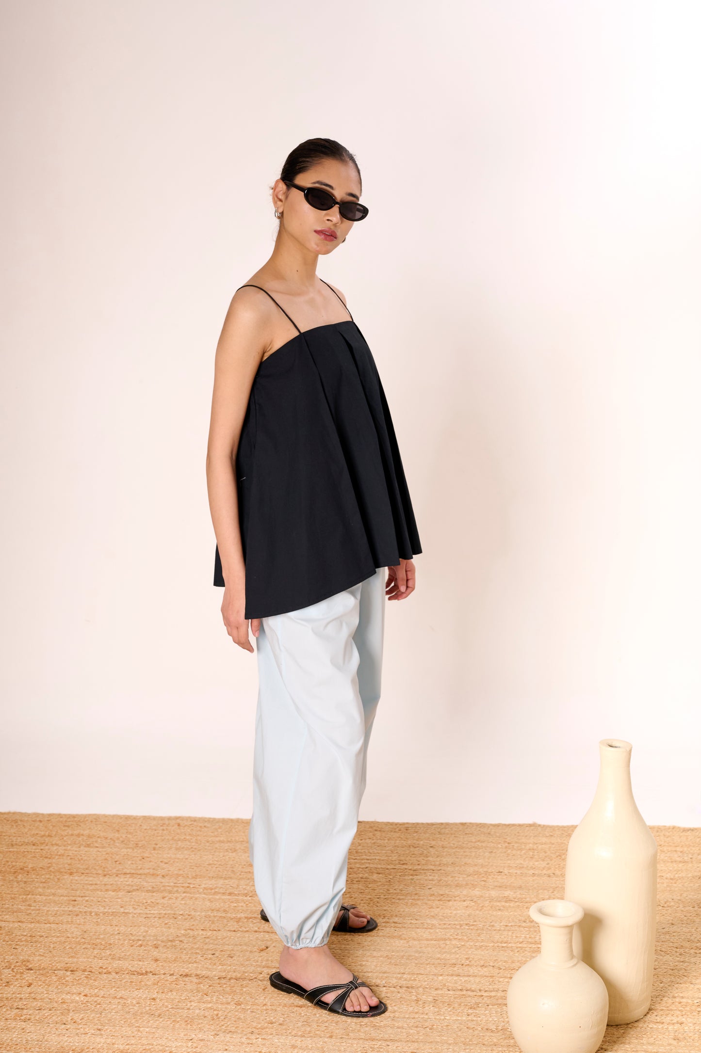 Black Little Bow Pleated Top