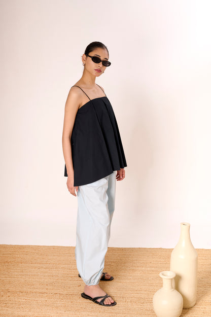 Black Little Bow Pleated Top