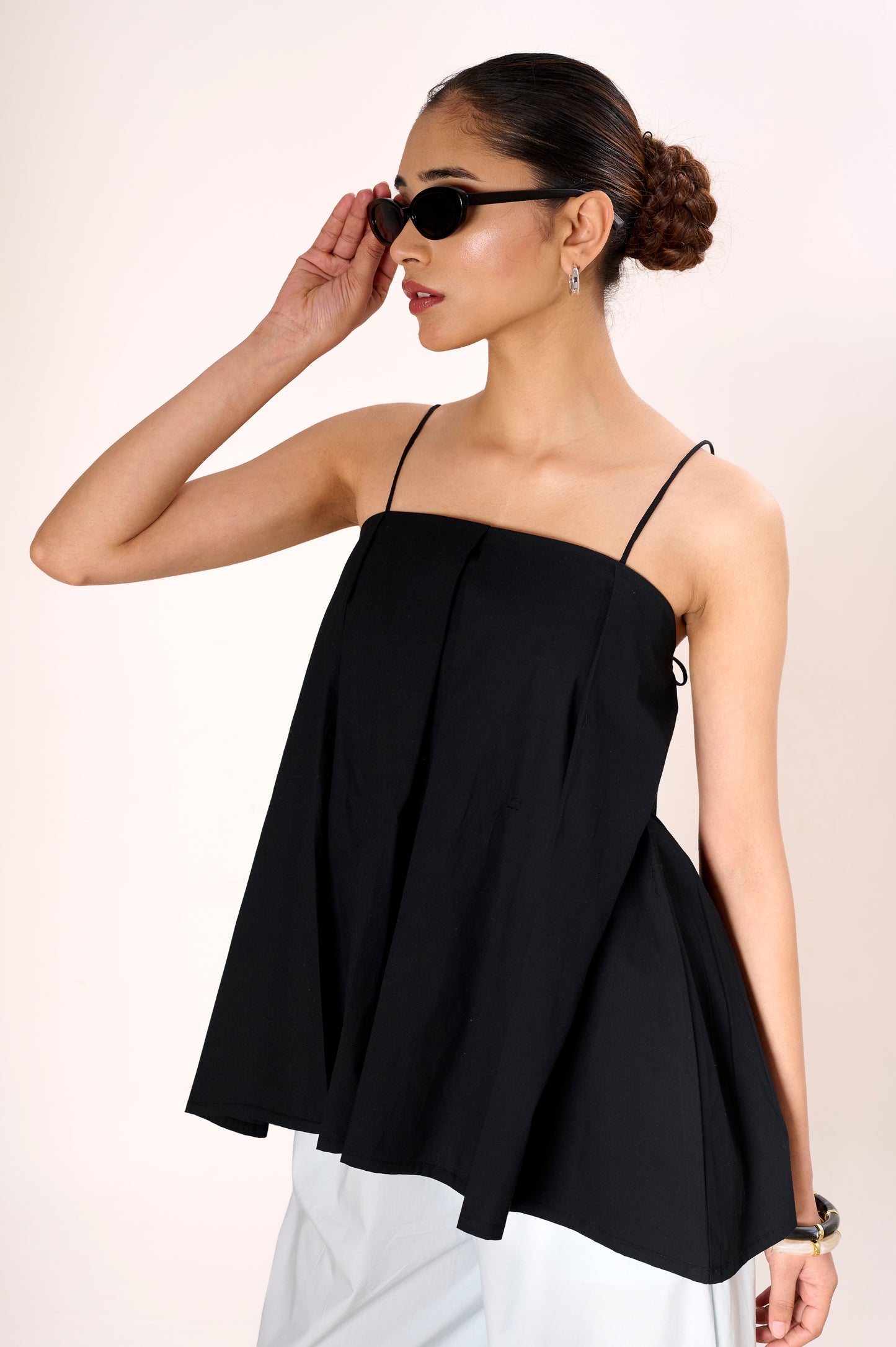 Black Little Bow Pleated Top