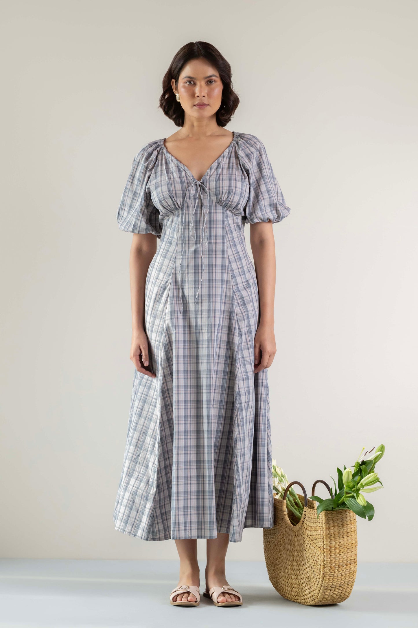 Blossom Swirl Dress- Pink Grey Check