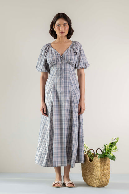 Blossom Swirl Dress- Pink Grey Check