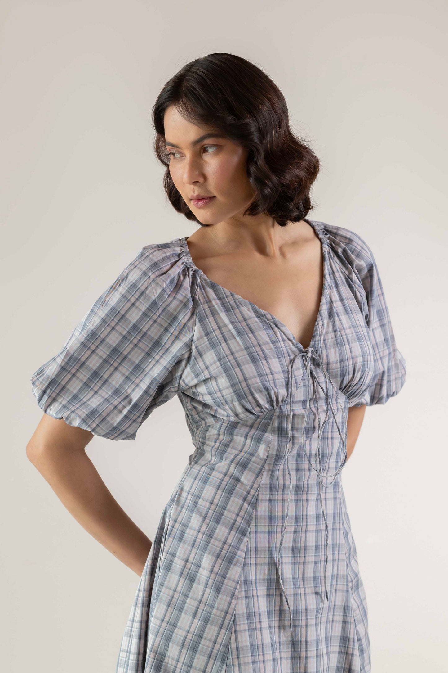 Blossom Swirl Dress- Pink Grey Check