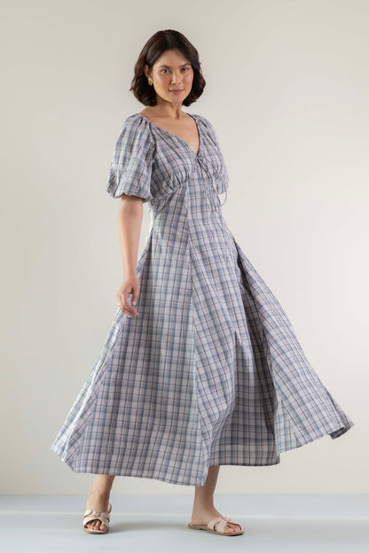 Blossom Swirl Dress- Pink Grey Check