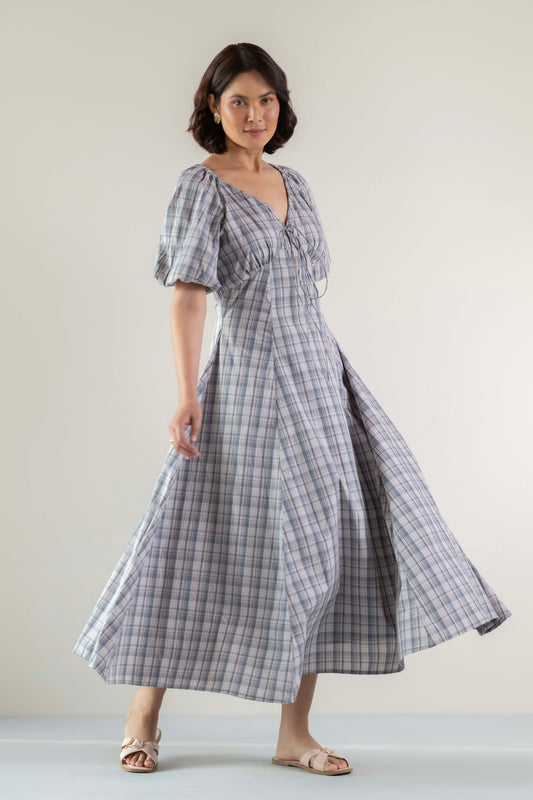 Blossom Swirl Dress- Pink Grey Check