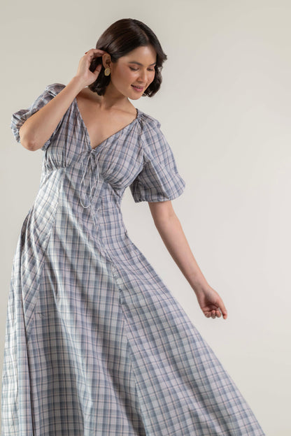 Blossom Swirl Dress- Pink Grey Check