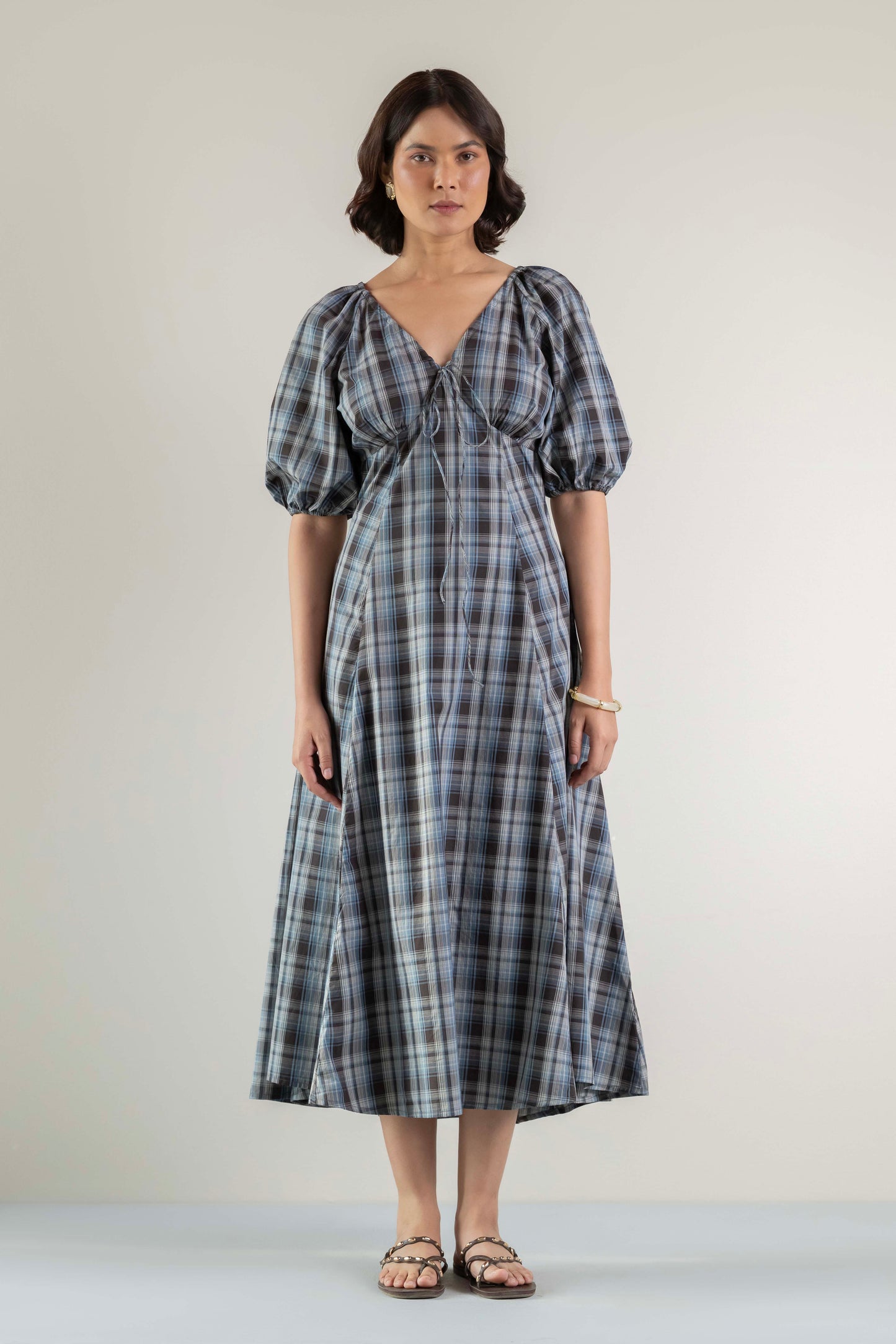 Blossom Swirl Dress- Blue Brown Plaid