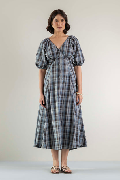 Blossom Swirl Dress- Blue Brown Plaid