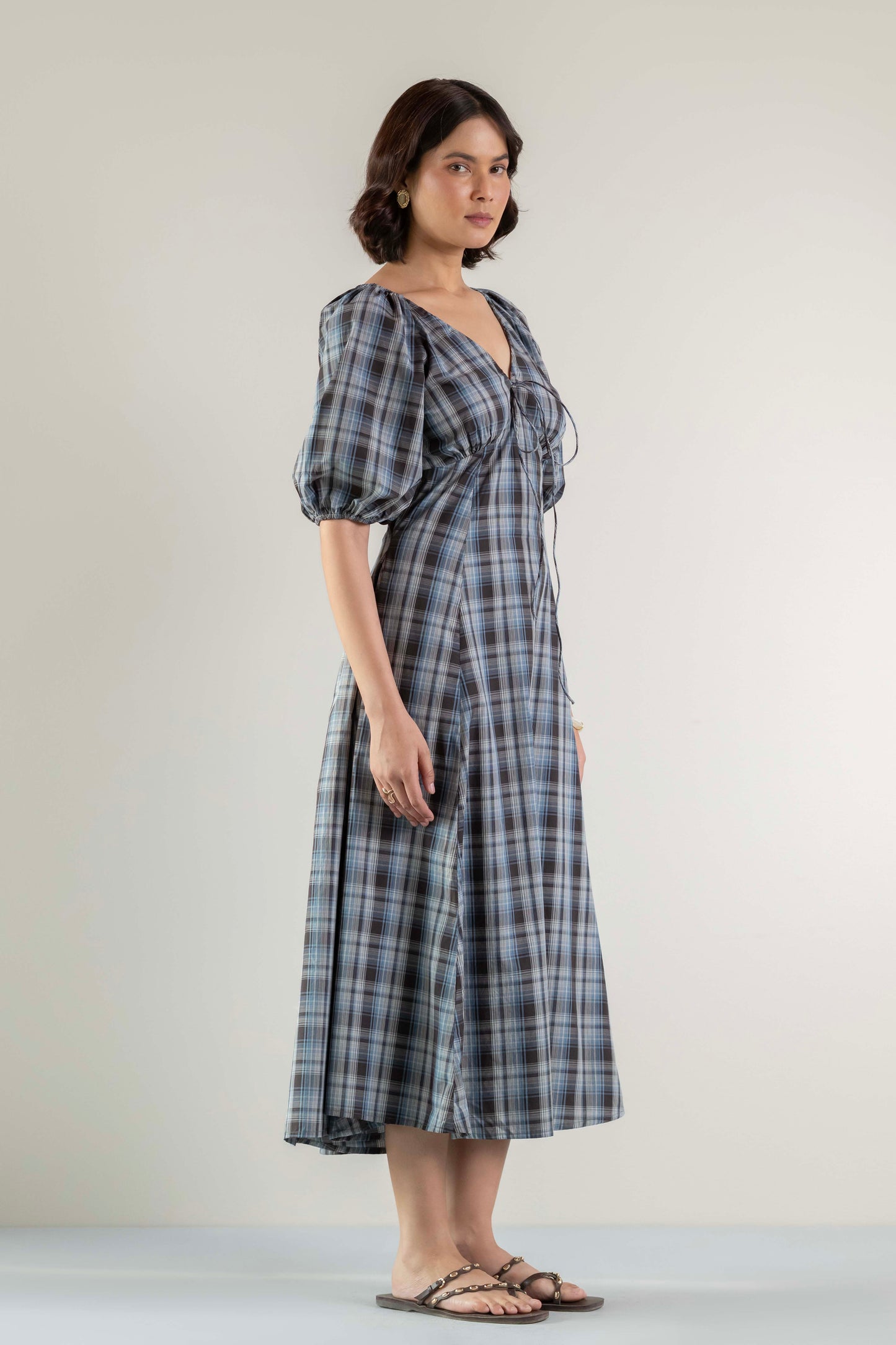 Blossom Swirl Dress- Blue Brown Plaid