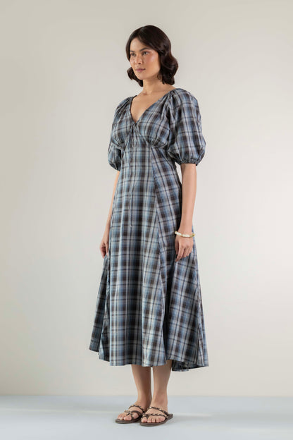 Blossom Swirl Dress- Blue Brown Plaid