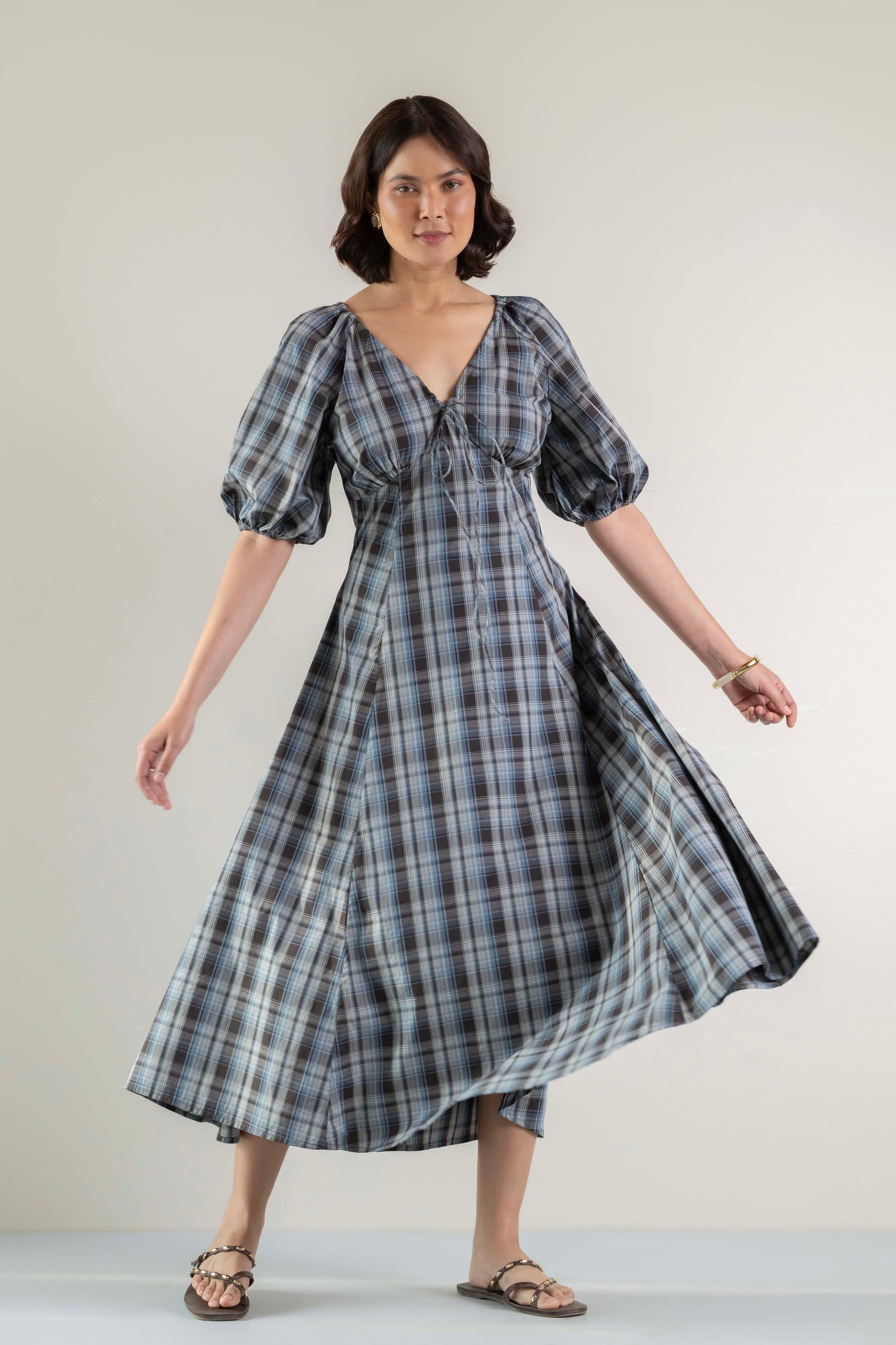 Blossom Swirl Dress- Blue Brown Plaid