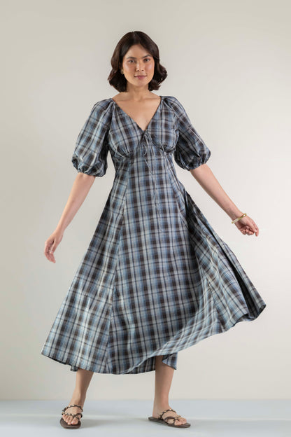 Blossom Swirl Dress- Blue Brown Plaid