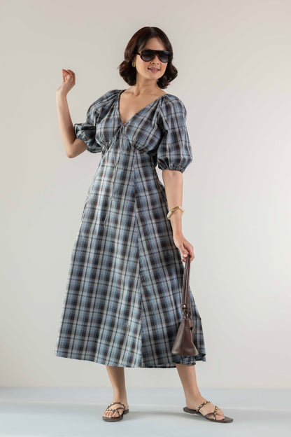 Blossom Swirl Dress- Blue Brown Plaid