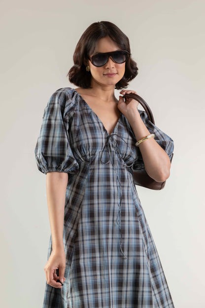 Blossom Swirl Dress- Blue Brown Plaid