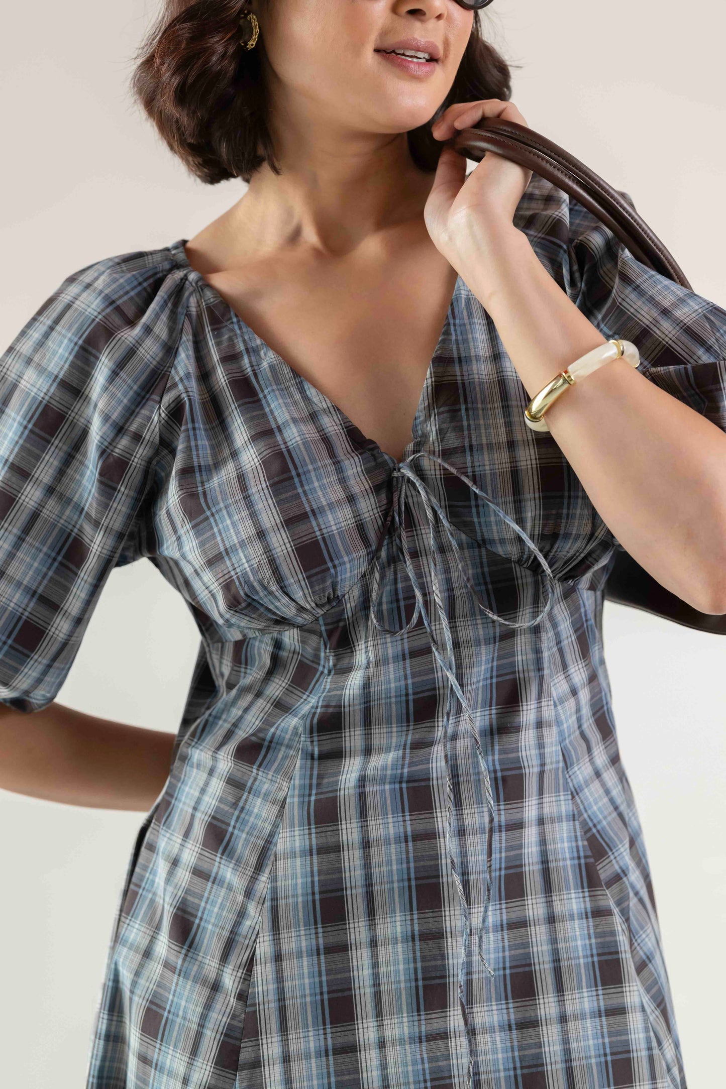 Blossom Swirl Dress- Blue Brown Plaid